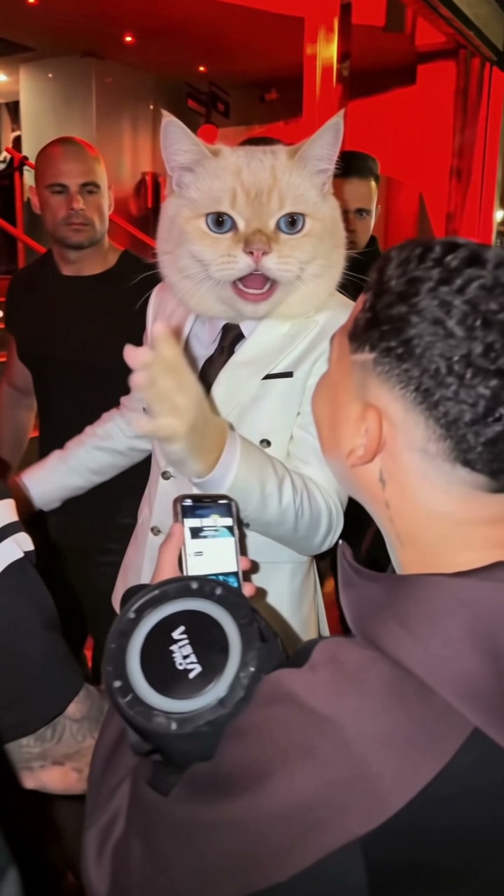 The cat in a white suit performing in the existing Cat Freestyle video