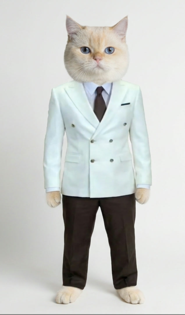 Uploaded character image of a blue-eyed cat wearing a white suit and dark tie
